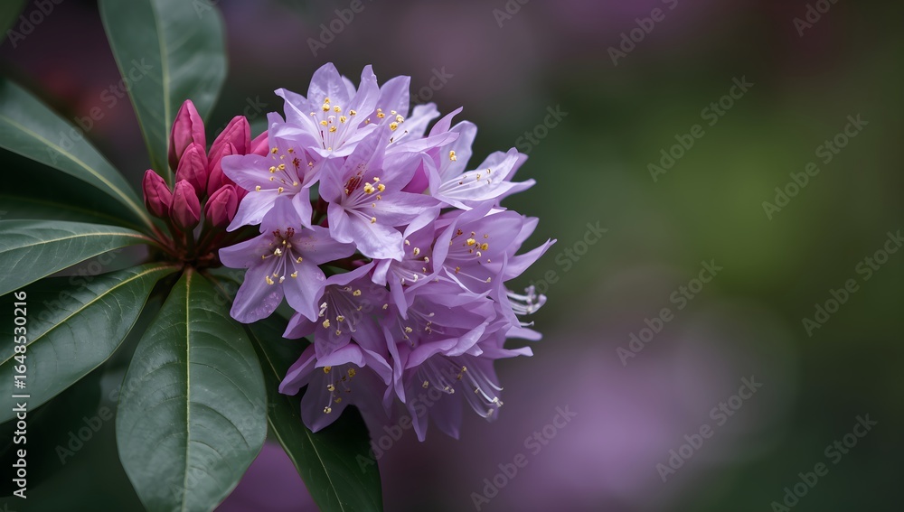 Fototapeta premium Close up of a cluster of delicate purple rhododendron flowers with green leaves and a soft blurred background in a garden setting