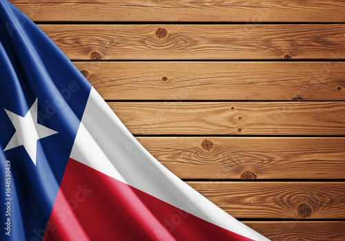 Texas flag draped on rustic wooden planks, symbolizing pride and heritage.