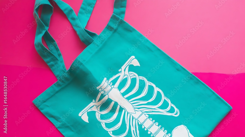 Naklejka premium Turquoise Tote Bag Featuring Skeleton Design on a Vibrant Pink Backdrop