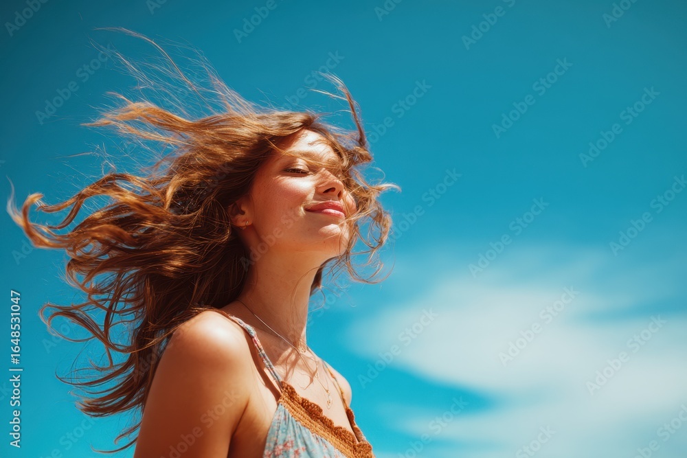 Naklejka premium Attractive young lady against azure sky