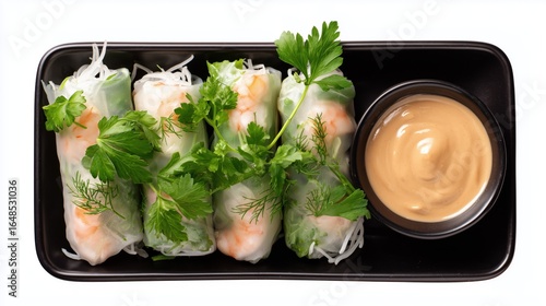 Top View Vietnamese Spring Roll with Herbs and Peanut Sauce – Isolated on White Background