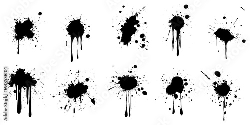 Ink drops. Ink blot spot and splatter, black liquid paint drip splashes.