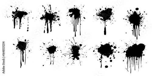 Ink drops. Ink blot spot and splatter, black liquid paint drip splashes.
