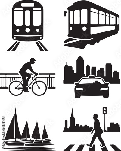 Urban transport and city life silhouettes collection
