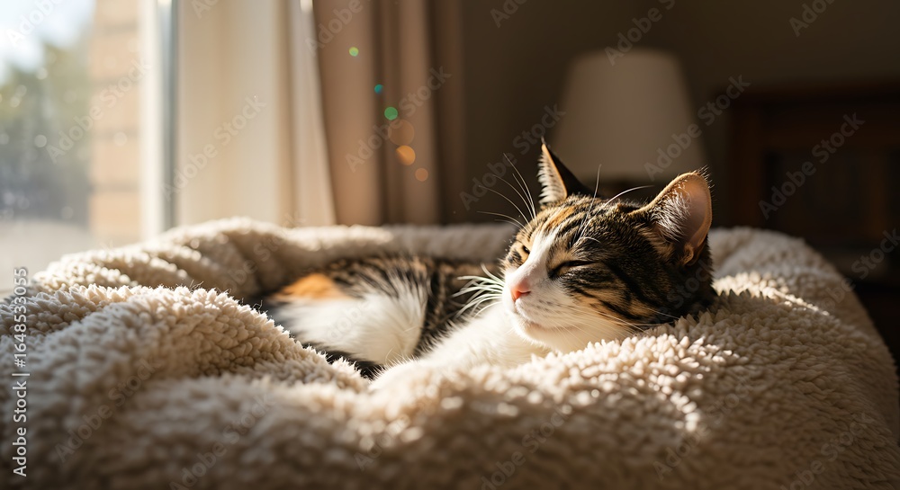 Naklejka premium Calico Cat Napping in Sunbeam Cozy and Peaceful Feline Rest