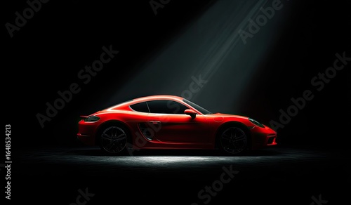 Red sports car highlighted by spotlight
