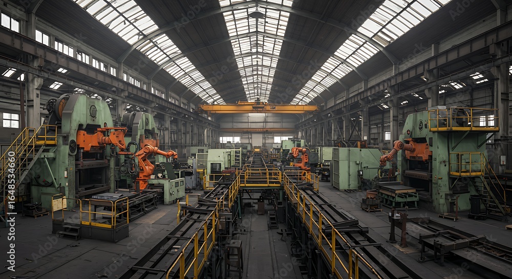 Fototapeta premium Industrial Factory Interior Mockup with Advanced Machinery for Manufacturing Processes