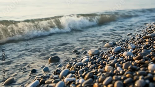Gentle Waves Washing Over Smooth Pebbles on a Serene Beach at Dawn
