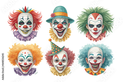 set of watercolor Clown Mask vector illustration isolated on white background