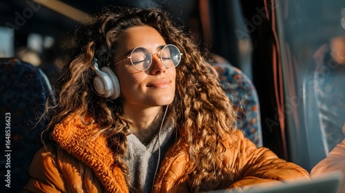 Woman listening to music on headphones while using laptop on a bus