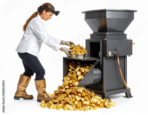 A woman in work attire and golden boots operates an industrial machine, processing a large pile of golden nuggets.