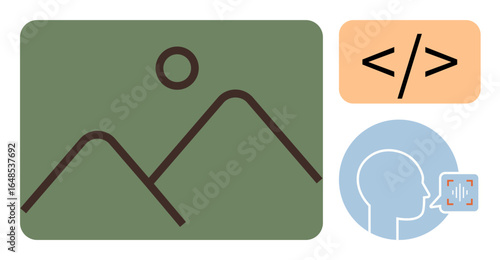 Landscape icon next to coding brackets and a speech recognition concept. Ideal for technology, AI, coding, interface design, machine learning, digital media, voice recognition. Simplistic flat