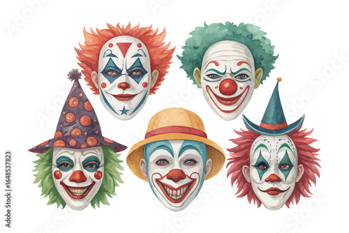 set of watercolor Clown Mask vector illustration isolated on white background