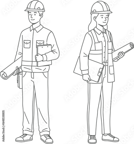 Architects or Engineers Man and Woman Outline Style on Transparent Background Illustration