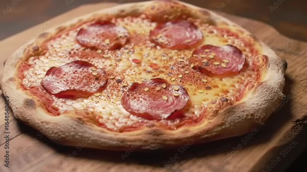Delicious pepperoni pizza served on a rustic wooden board, with a cozy kitchen background Delicious pepperoni pizza served on a rustic wooden board, with a cozy kitchen background