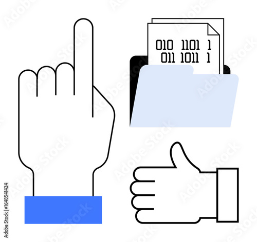 Hand pointing at binary data in folder and thumb-up gesture reflect data access, approval, and user interaction. Ideal for technology, apps, coding, education, interface design, interaction simple