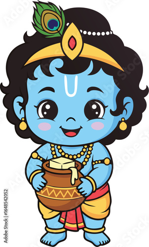 Adorable Baby Krishna with Butter Pot | Kawaii Hindu Deity Little God Krishna with Butter Pot Graphic | Cartoon Illustration Krishna as a Child Black and White | Hindu Mythology Art