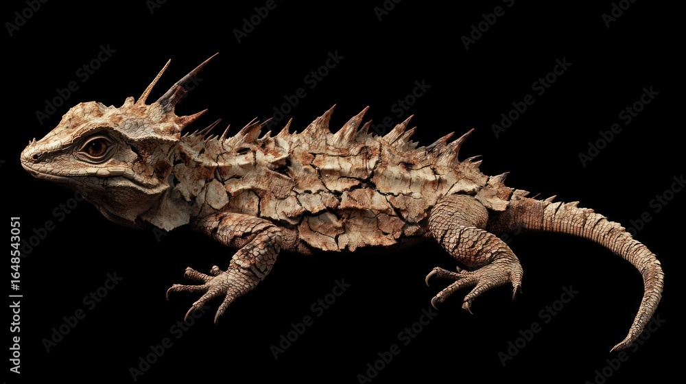 Naklejka premium Thorny Devil Lizard, its spines like tiny, sun-bleached desert bones, skin patterned like cracked earth, surreal skeletal desert texture, harsh Australian sun, isolated. 