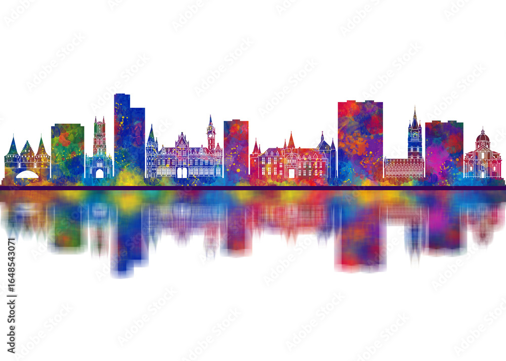 Obraz premium Ghent Belgium Skyline. Cityscape Skyscraper Buildings Landscape City Downtown Abstract Landmarks Travel Art
