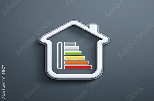 White house outline with energy efficiency rating; a grey background