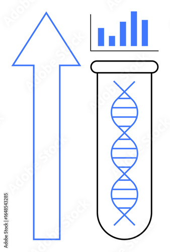 DNA helix inside a test tube alongside an upward arrow and bar chart indicating progress, innovation, and data growth. Ideal for science, research, biotechnology, innovation, growth, medicine
