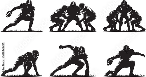 Dynamic football players in action silhouetted on white background