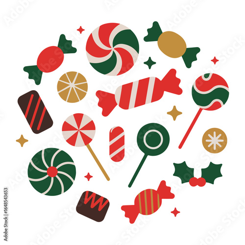 Festive christmas candy and sweet treats arranged in circular pattern