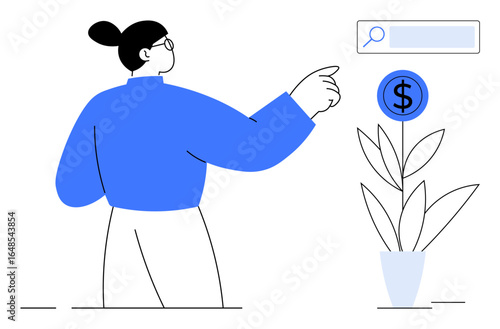 Wallpaper Mural Woman pointing at a plant with a dollar sign, symbolizing financial growth and opportunity search. Ideal for finance, investment, business strategy, growth concept, search engines, education, simple Torontodigital.ca