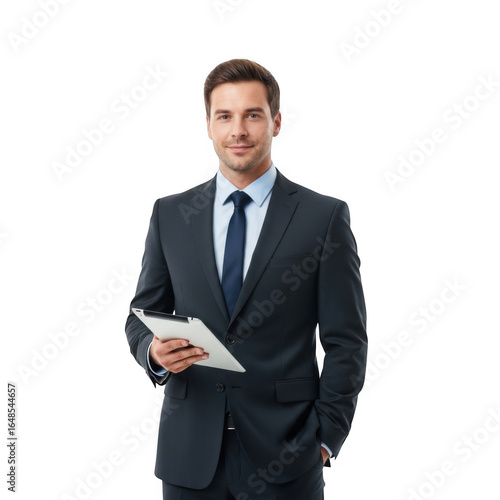 Confident businessman holding a tablet isolated on transparent background