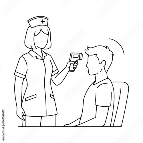 Healthcare and Care: A nurse is measuring a patient's temperature with an infrared thermometer, which can be used in health courses, hospital management, and promoting professional nursing services.