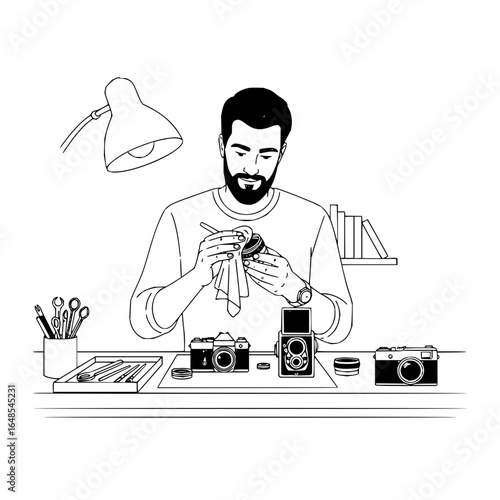 Man cleaning camera lens with cloth surrounded by cameras and tools on a table under a lamp