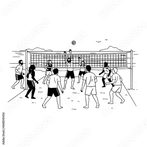 People playing beach volleyball with a net and a ball on a sandy beach with mountains in the back