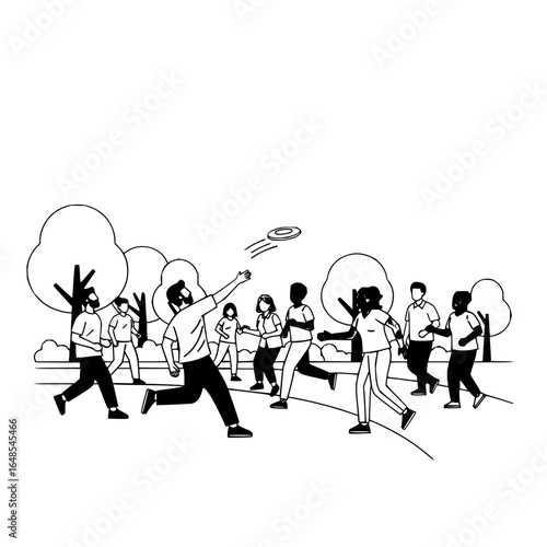 A group of people playing frisbee in a park with trees and grass on a sunny day in black and white style
