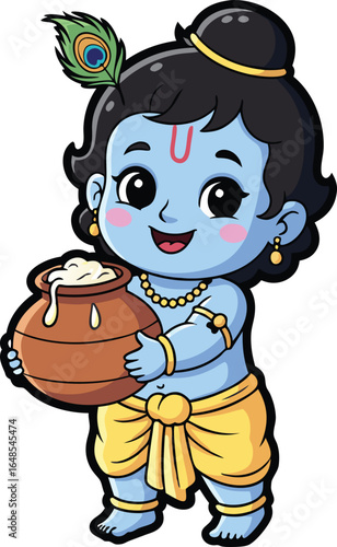 Adorable Baby Krishna with Butter Pot | Kawaii Hindu Deity Little God Krishna with Butter Pot Graphic | Cartoon Illustration Krishna as a Child Black and White | Hindu Mythology Art