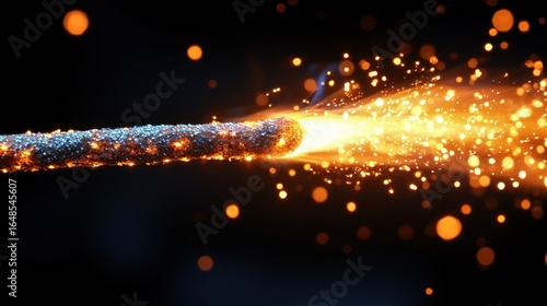 Cinematic still, a matchstick lighting itself, flame composed of tiny, fluttering mechanical hummingbirds, matchwood has surreal, polished chrome texture, isolated object igniting.