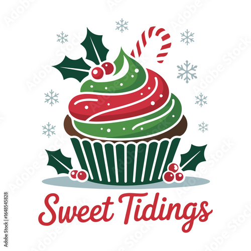 Fotografija Festive christmas cupcake with holly and candy cane design
