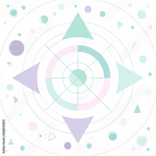 A vector design featuring soft geometric shapes like circles and triangles in pastel colors including mint, lilac, and baby blue, ideal for modern decor.
