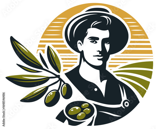 man in a hat holding olives, set against a backdrop of olive branches and a sunset