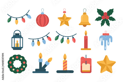 Festive christmas decorations and holiday elements flat vector set