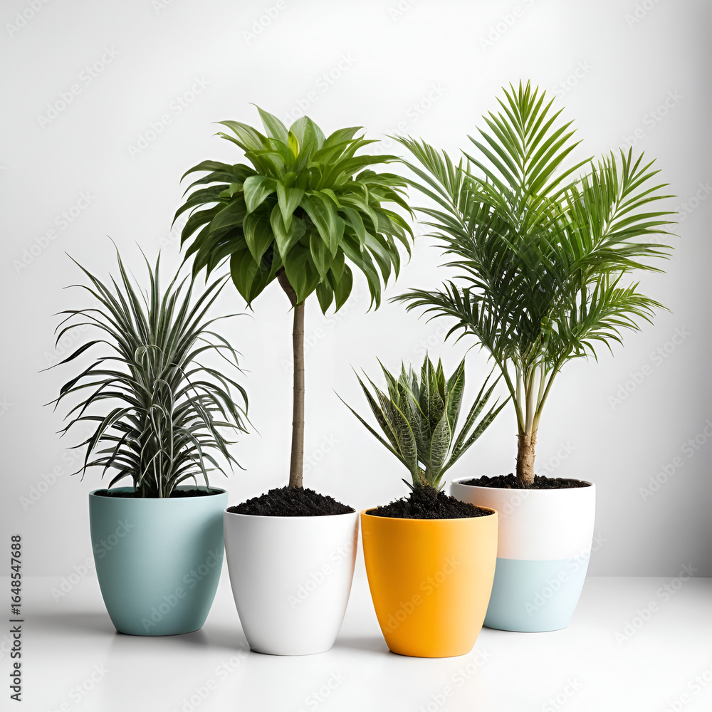 Fototapeta premium Three plants in pots isolated on white background
