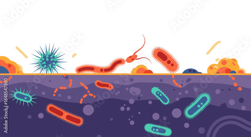 Colorful illustration of bacteria and microorganisms thriving in a vibrant environment under the surface
