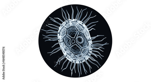 Detailed microscopic view of a virus cell against dark background for scientific research and medical illustration