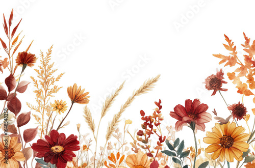 Watercolor Fall Floral Border with Sunflowers and Autumn Leaves