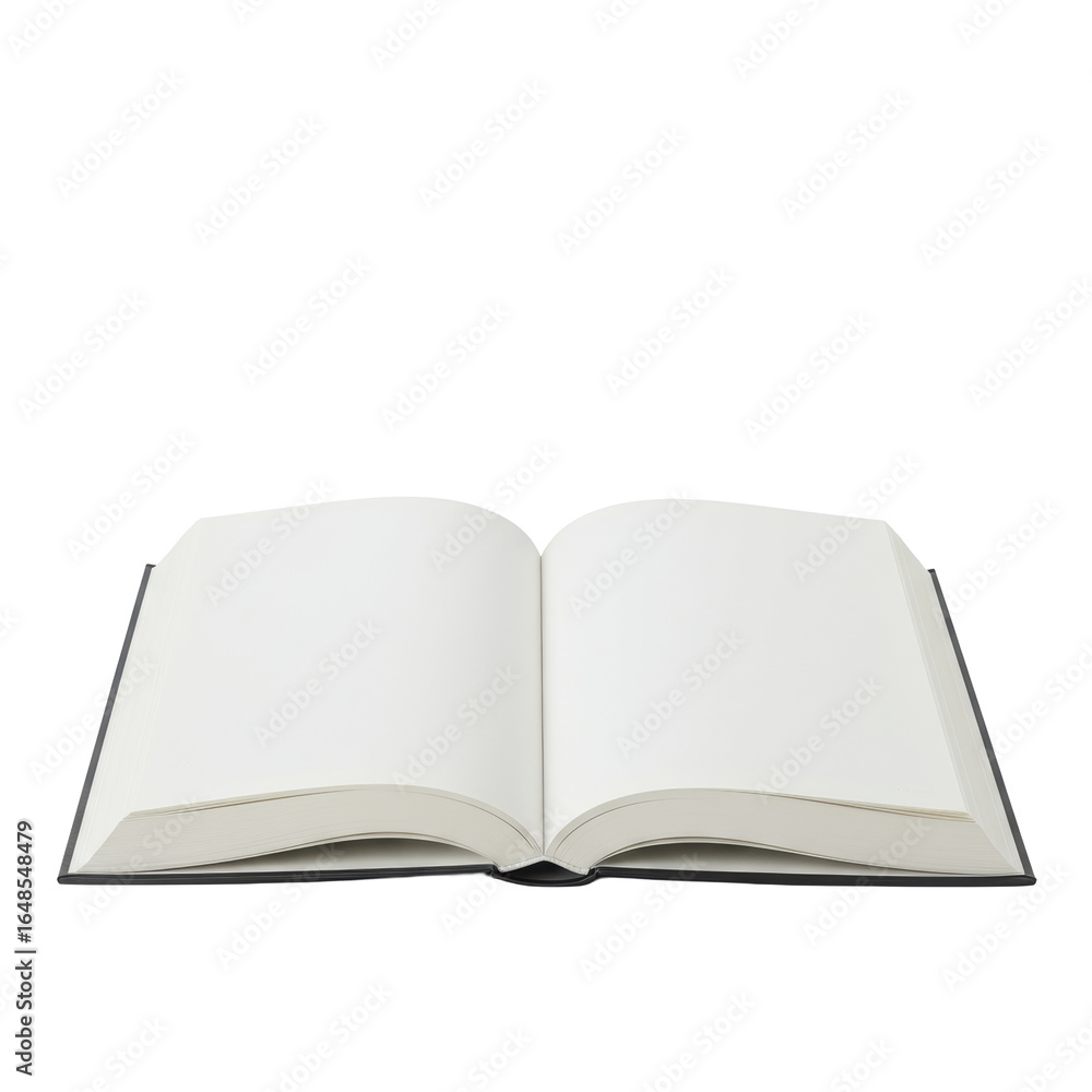 A pristine hardcover book, generic design, naturally fallen open on its spine with clean, crisp, unmarked off-white pages, isolated on a transparent seamless background, top-down studio product A pristine hardcover book, generic design, naturally fallen open on its spine with clean, crisp, unmarked off-white pages, isolated on a transparent seamless background, top-down studio product