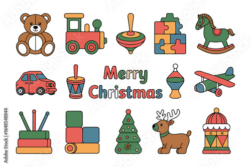 Festive christmas toy icons collection with teddy bear and christmas tree
