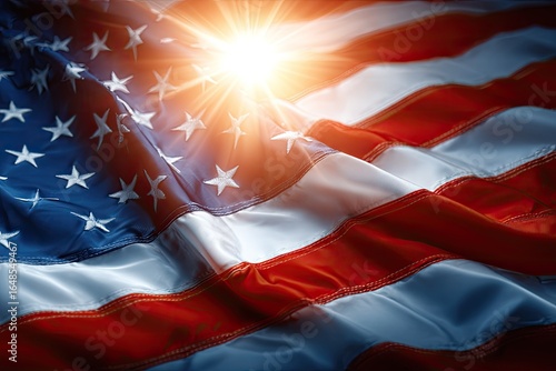 Close-up of an American flag, vibrant colors, flowing fabric, sunburst