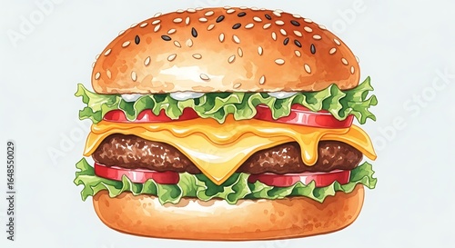 Delicious burger watercolor illustration with fresh toppings and melting cheese