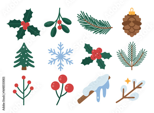 Festive winter icons collection featuring holly mistletoe pine and snowflakes