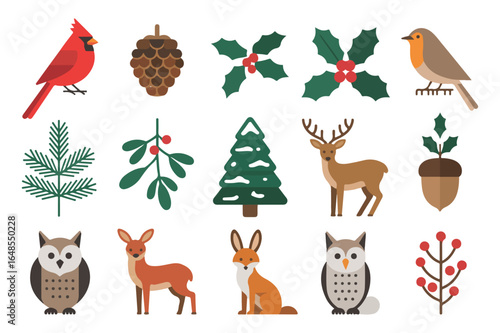 Flat winter christmas holiday decorative elements and wildlife illustrations
