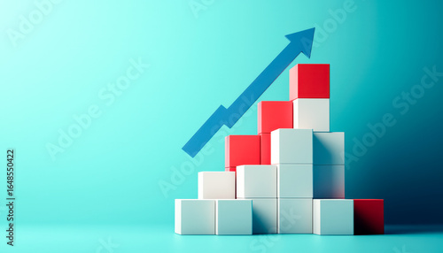 Progress growth represented by stacked blocks with upward trending arrow